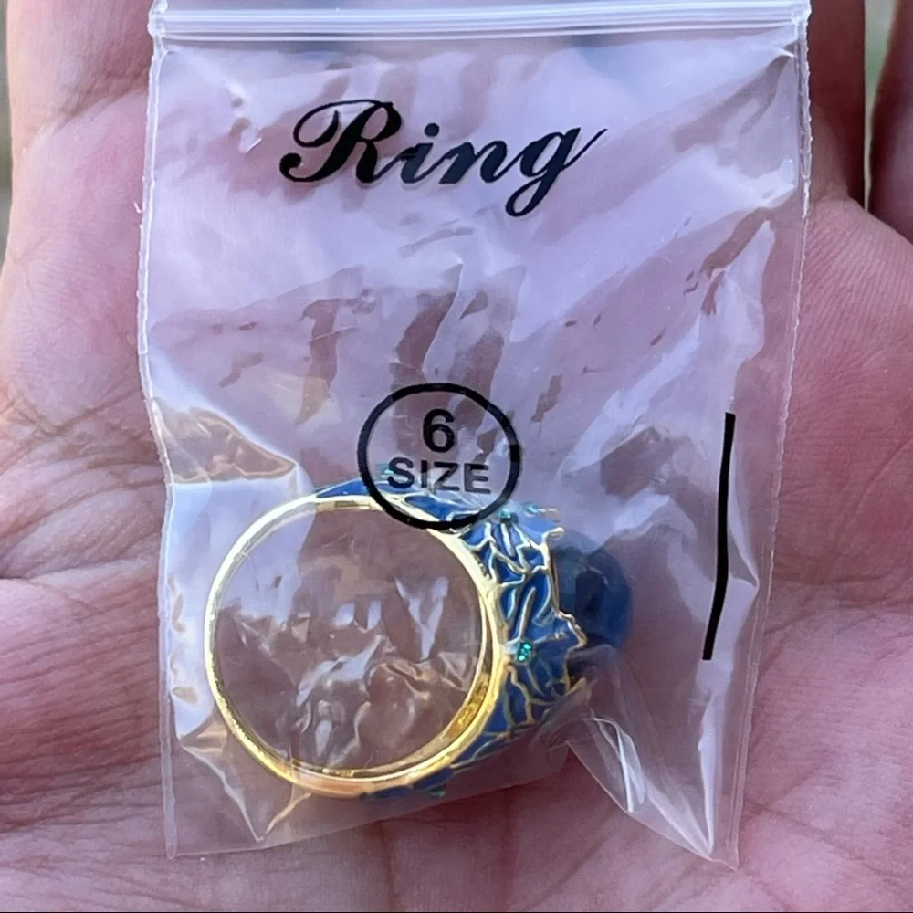 Blue fashion stone w/blue & gold enamel floral cloisonné ring w/rhinestones - Picture 7 of 7